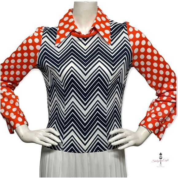 VINTAGE 1970s Fun Funky Polka Dot ZigZag Chevron Mixed Print Dress Medium 8 CuTE - Picture 2 of 14